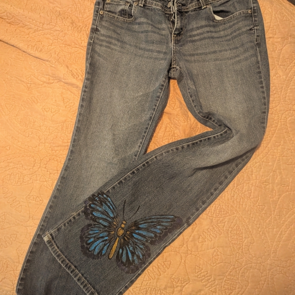 Classic Blue Women's Jeans With Blue Butterfly